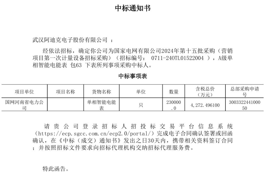 祝賀公司在國家電網(wǎng)2024年第十五批計量設備招標項目中中標